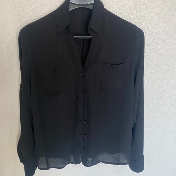 Women's long-sleeved button down blouse-black - Picture 1 of 2